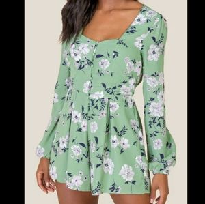 Miami Long Sleeve Medium Light Green Floral Romper